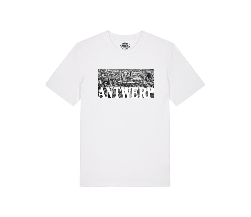 Royal Antwerp T-shirt Wit - 'ANTWERP' grijs foto supporters